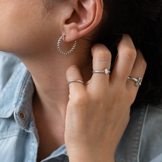 Boucles D'oreilles Créoles En Argent Tressé - Argent Sterling, Fermoir Clou, Neuves Sans Emballage