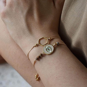 Guldfärgat armband med skydd mot onda ögon och emalj med havsstenspärlor, justerbart makramépärlarmband, armband med delikata ottomanska turkiska smycken