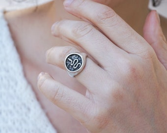 Antique silver snake stamp signet ring, boho simple chevalier ring, dainty signet pinky minimalist ring, signet hippie indie rock bday gift