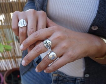 Antique silver bold floral dome ring, sade bold ring, organic shape adjustable ring big stacking delicate minimal layered silver plated ring