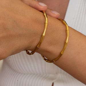 Gold bamboo cuff, gold stainless steel stacking bracelet boho minimal, summer beach style waterproof bracelet, hippie rock chic gift for her