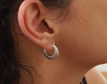 Silver hoop earrings wt engraved lines, silver plated large hoops, line hoop earrings minimal geometric dainty stacking earrings, gift 4 her