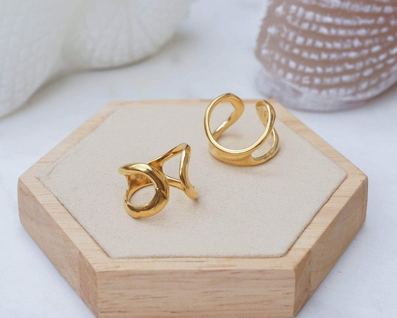 Gold hammered minimalist organic wrap ring, 24k gold plated modern dainty boho abstract stackable adjustable ring, gift for her us size 7-8 image 2