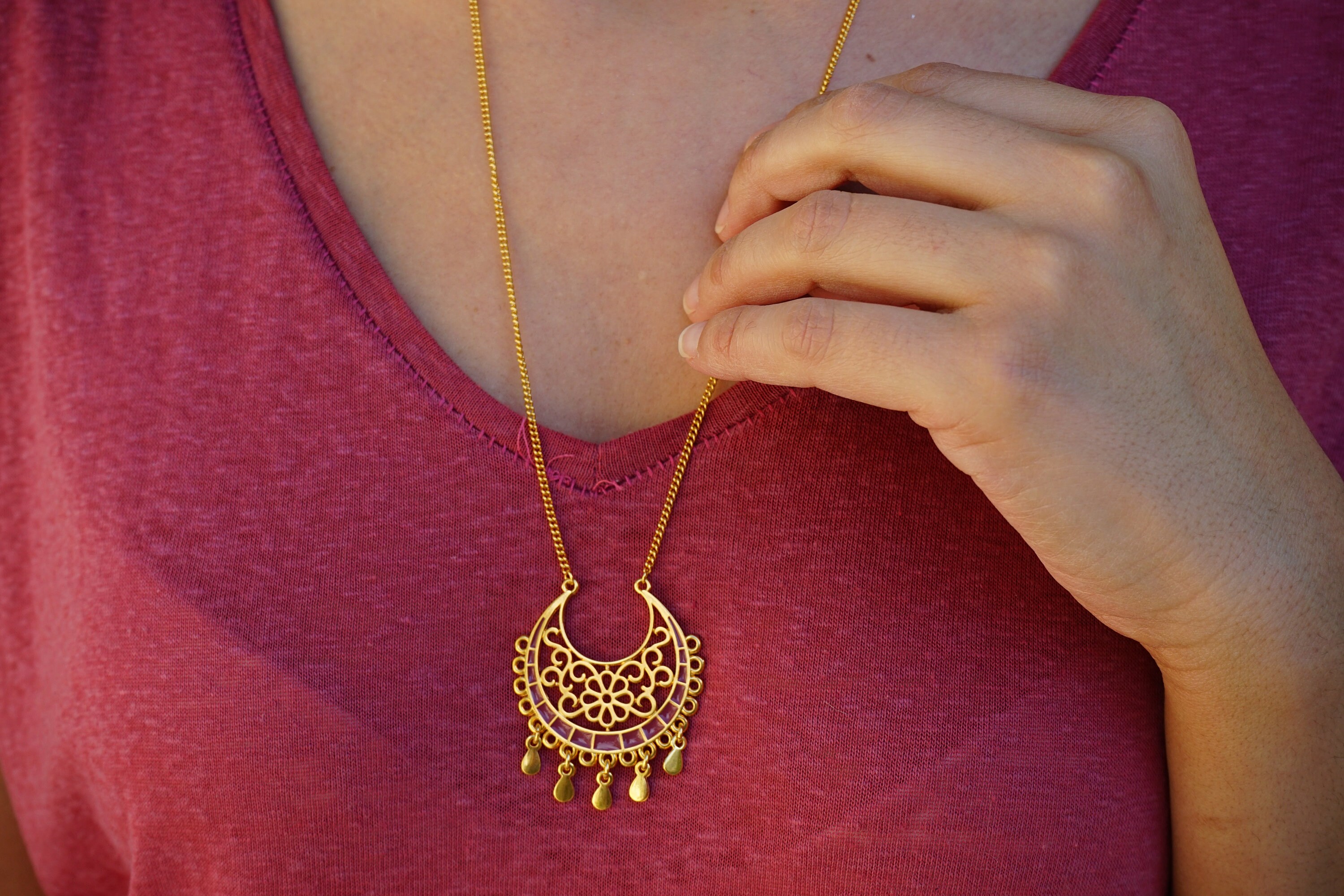 Gold Indian inspired mandala flower pendant necklace,tassel necklace