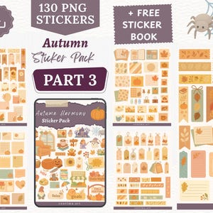 Pode incluir: Imagem de um pacote de autocolantes com tema de outono, com abóboras, folhas e cenas aconchegantes. O texto diz "130 PNG Stickers" e "Autumn Sticker Pack Part 3". Inclui um livro de autocolantes grátis.