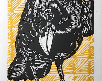Crow Knows - original handmade linocut print, featuring the all knowing crow