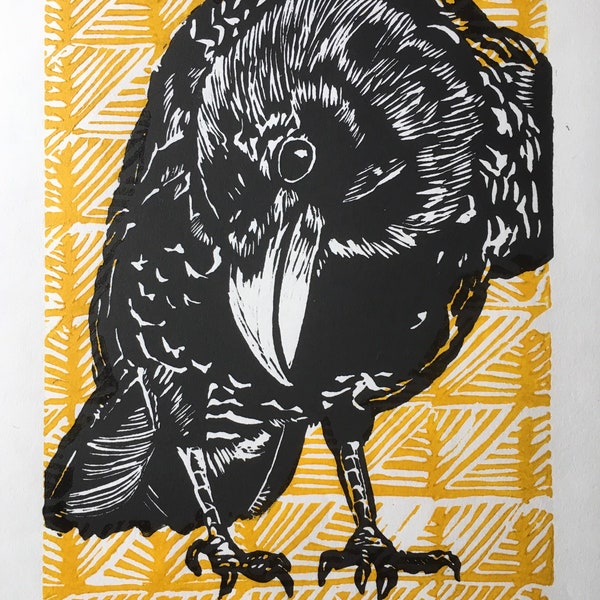 Crow Knows - original handmade linocut print, featuring the all knowing crow