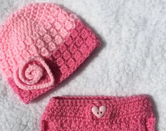 Pink heart flower hat and diaper cover set