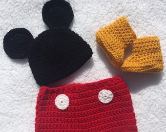 Baby, Mickey Mouse themed, hat and diaper cover set, with booties optional.