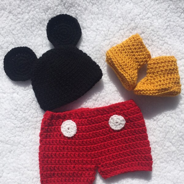 Baby, Mickey Mouse themed, hat and diaper cover set, with booties optional.