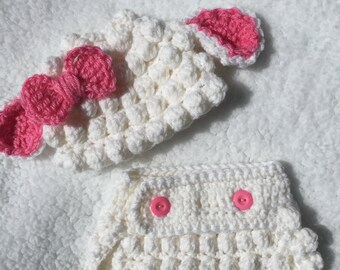 Baby, lamb hat and diaper cover set.