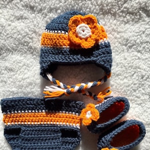 Baby, Denver Broncos colored, hat and diaper cover/pant set with option of booties.