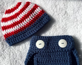 Baby, 4th of July themed, hat and diaper cover set. Booties optional.