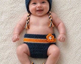 Baby, Denver Broncos colored, hat and diaper cover/pant set with option of booties.