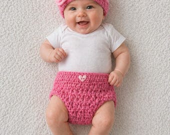Pink heart flower hat and diaper cover set