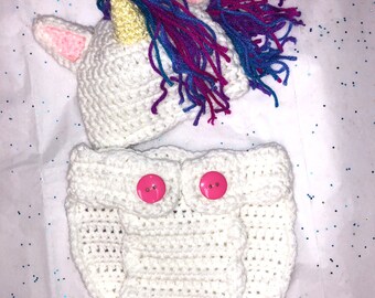 Unicorn hat and diaper cover set