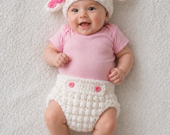 Baby, lamb hat and diaper cover set.