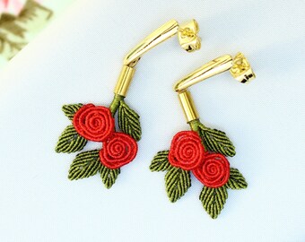 Micro macrame Art Nouveau rose earrings