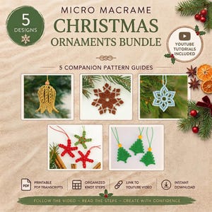 Micro Macrame Christmas Ornaments Bundle | 5 Printable Companion Guides for YouTube Tutorials (PDF Download)