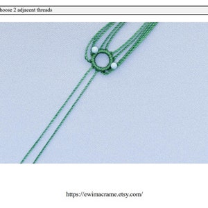 May include: Close-up of a green macrame project with two white beads and a metal ring. The text "Choose 2 adjacent threads" is visible at the top of the image.