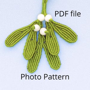 Może przedstawiać: Zielona i biała ozdoba z jemioły wykonana techniką makramy z plikiem PDF i napisem "Photo Pattern" umieszczonym poniżej.