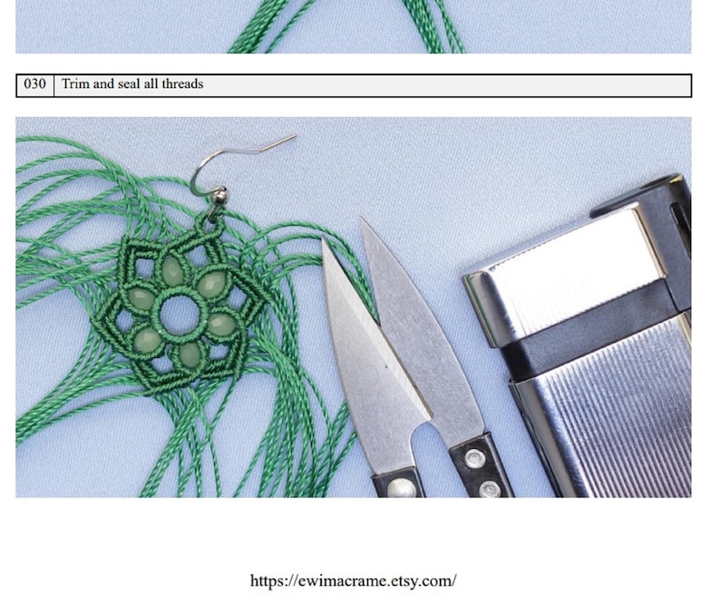 May include: Green macrame earring with a light green gemstone in the center. The earring is on a light blue surface with a pair of scissors and a lighter.