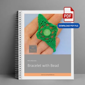 May include: A digital PDF download guide for a micro macrame bracelet with bead. The cover features a green knotted cord bracelet with a central round light green bead, the text Ewi Macrame, and the title Micro Macrame Bracelet with Bead.