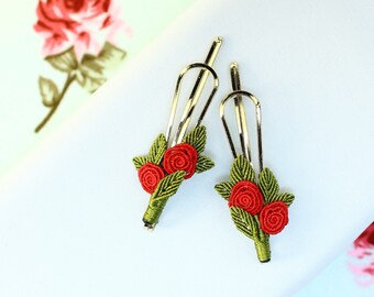 Rose hair clip, Art Nouveau Hair Barrette, Red rose barrette, Floral hair pin