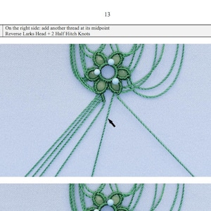 May include: A close-up of a green macrame knot with green and blue beads. The knot is tied in a flower shape. The text "On the right side: add another thread at its midpoint Reverse Larks Head + 2 Half Hitch Knots" is visible at the top of the image.