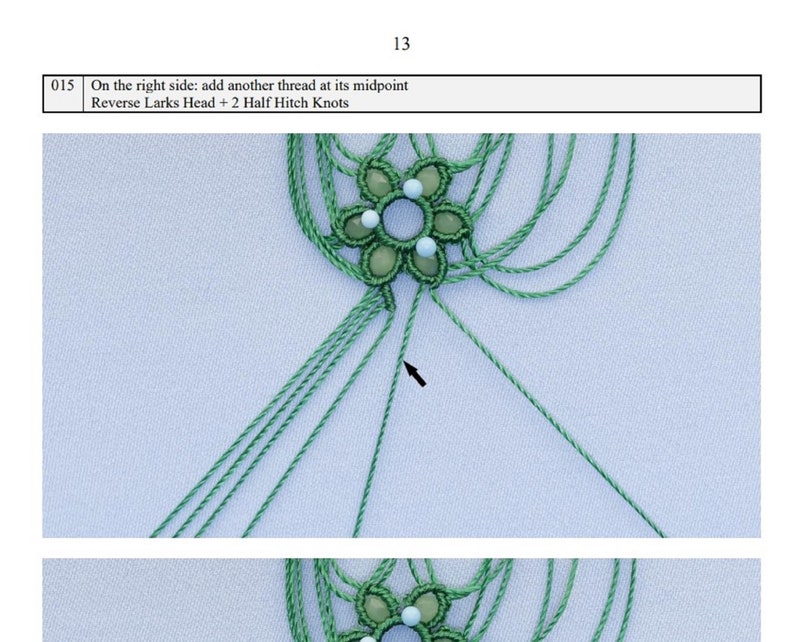 May include: A close-up of a green macrame knot with green and blue beads. The knot is tied in a flower shape. The text "On the right side: add another thread at its midpoint Reverse Larks Head + 2 Half Hitch Knots" is visible at the top of the image.