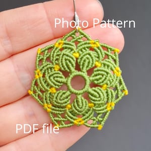 May include: A macrame earring featuring a hexagonal floral design in olive green and bright yellow cord. The piece includes a silver-toned metal hook and displays the text Photo Pattern and PDF file overlaid on the image.