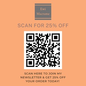 May include: A black and white QR code with the text "SCAN FOR 25% OFF" above it and the text "SCAN HERE TO JOIN MY NEWSLETTER & GET 25% OFF YOUR ORDER TODAY!" below it. The background is a light orange color.