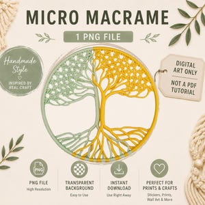 Puede incluir: Un archivo PNG digital con un diseño de micro macramé de un árbol de la vida. El diseño está dividido en dos mitades, una en amarillo y otra en verde. La imagen incluye el texto "Micro Macramé" y "Handmade Style".