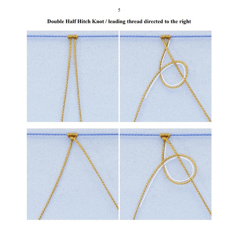 May include: A step-by-step illustration showing how to tie a double half hitch knot. The knot is tied with two strands of gold thread on a blue background. The illustration shows the knot being tied from two different angles.