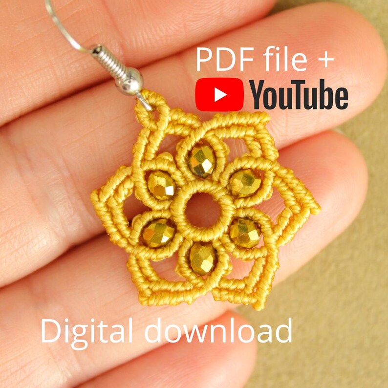 May include: Gold macrame earrings with a flower design and silver ear wires. PDF file and YouTube video included. Digital download.