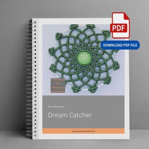 May include: A spiral-bound notebook featuring a cover with a green macrame dream catcher design, a central light green bead, and the text Ewi Macrame, Micro Macrame, Dream Catcher, and the URL www.etsy.com/shop/EwiMacrame printed on the front.