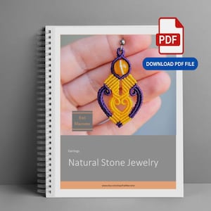 May include: A macrame earring featuring a central orange stone bead surrounded by intricate yellow and purple knotted cord patterns. The design is displayed on a spiral-bound document cover titled Ewi Macrame Natural Stone Jewelry.