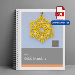 May include: A spiral-bound digital product guide featuring a yellow macrame mandala with white beads. The cover displays the text PDF, DOWNLOAD PDF FILE, Ewi Macrame, Earrings, Celtic Mandala, and www.etsy.com/shop/EwiMacrame on a light blue background.