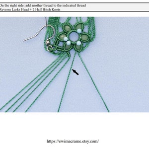 May include: A close-up of a green macrame flower with blue beads. The flower is attached to a silver earring hook. The image shows a step in a macrame tutorial, with an arrow pointing to the indicated thread.