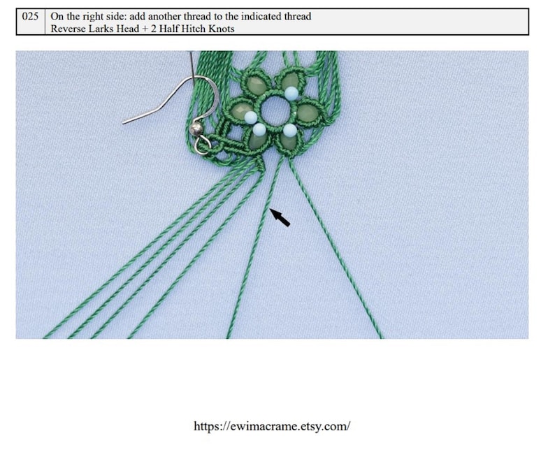 May include: A close-up of a green macrame flower with blue beads. The flower is attached to a silver earring hook. The image shows a step in a macrame tutorial, with an arrow pointing to the indicated thread.