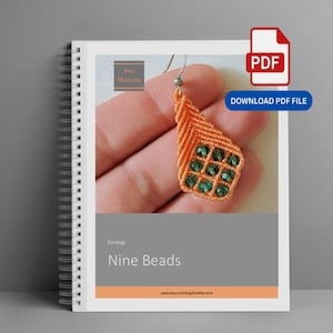 May include: A macrame earring featuring a triangular peach-colored cord design with nine embedded dark green faceted beads. The earring hangs from a silver-toned metal hook. The text on the page reads Ewi Macrame, Earrings, Nine Beads.