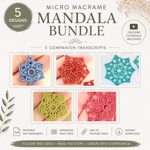 May include: A digital instructional bundle titled Micro Macrame Mandala Bundle featuring 5 designs with companion transcripts. The image displays five distinct mandala-shaped macrame patterns in blue, red, teal, green, and pink, with YouTube tutorials included.