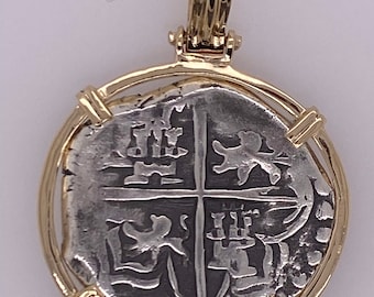 ATOCHA Coin Pendant 14K Yellow Gold Double Prong Set Frame with 8 Reale Coin