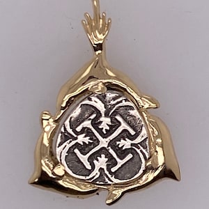 ATOCHA Coin Pendant 14K Yellow Gold Triple Dolphin Frame with 2 Reale