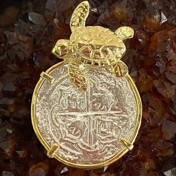 ATOCHA Coin Pendant Turtle Sterling Silver Clad in 14K Gold Sea life Treasure Shipwreck