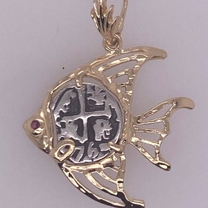 ATOCHA Coin Pendant 14K Yellow Gold Angel Fish Frame and Ruby Eye with 1 Reale Coin