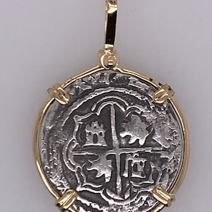 ATOCHA Coin Pendant 14k Gold Frame 4 Reale Coin  Silver Treasure Shipwreck Jewelry