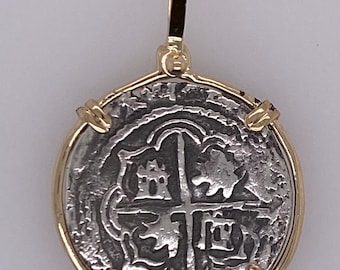 ATOCHA Coin Pendant 14k Gold Frame 4 Reale Coin  Silver Treasure Shipwreck Jewelry