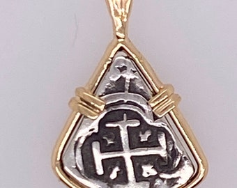 ATOCHA Coin Pendant 14K Yellow Gold Prong Set Triangle Frame with 1 Reale Coin