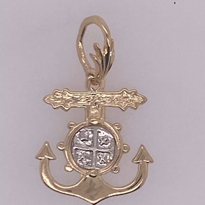 ATOCHA Coin Pendant 14K Yellow Gold Prong Set  Ships Wheel and Anchor Frame with Mini Reale